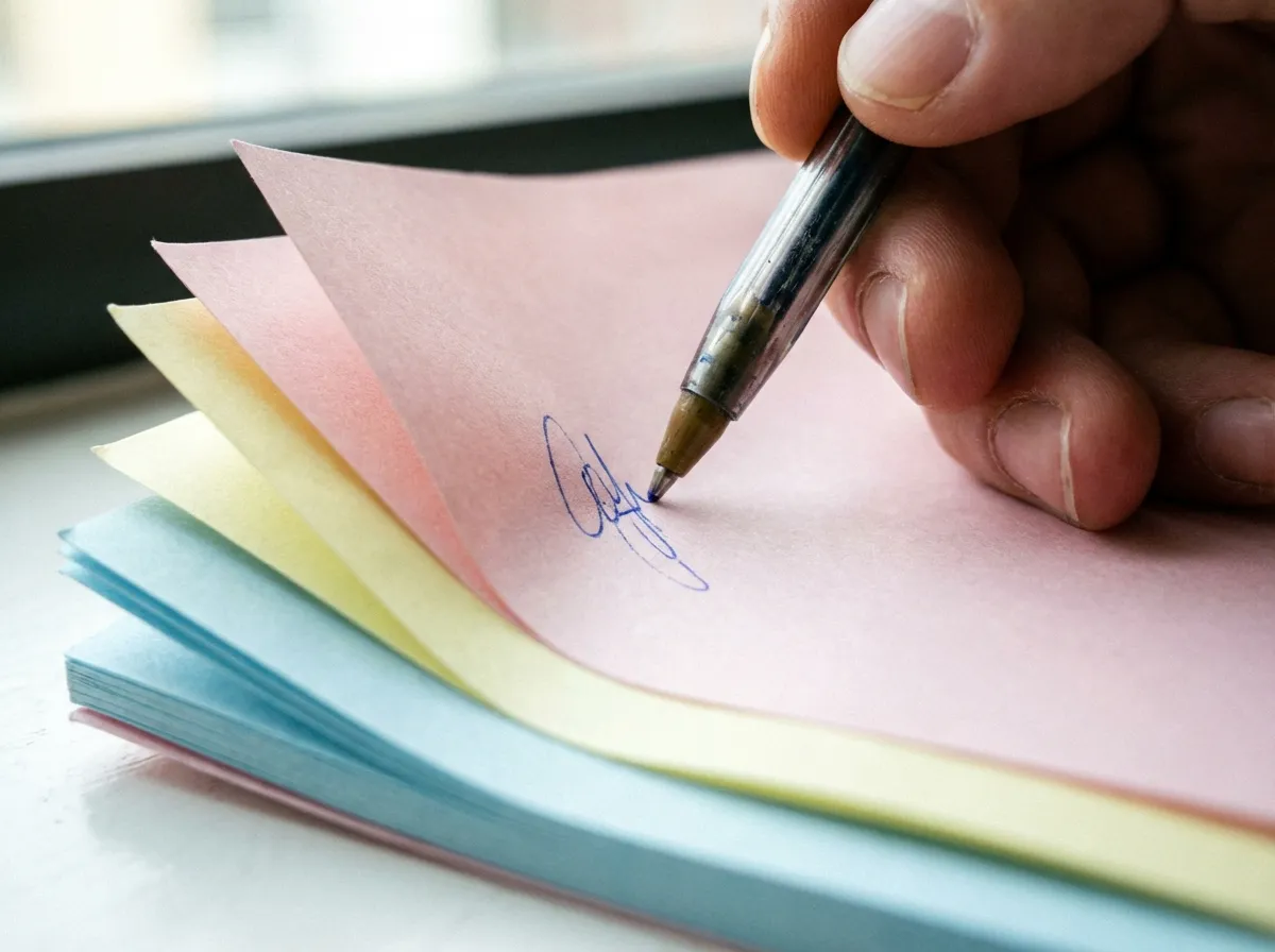 Carbonless forms, also called NCR forms, being written on.