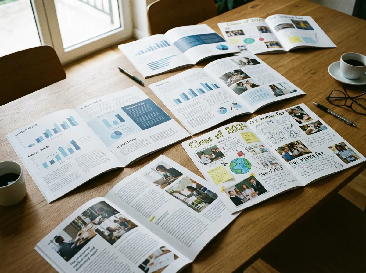 Samples of some custom-printed booklets lay it out on a table for a potential customer to see, printed by Ultimate Print Solutions