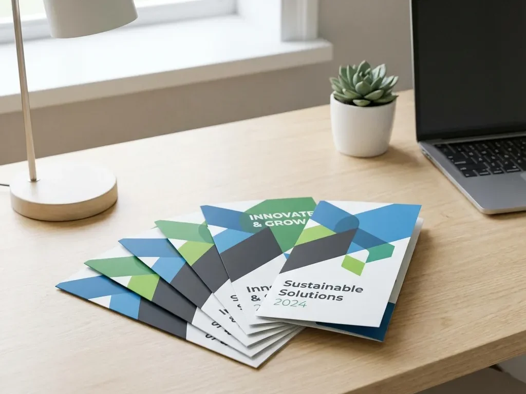 custom printed brochures fanned out neatly on a desk.