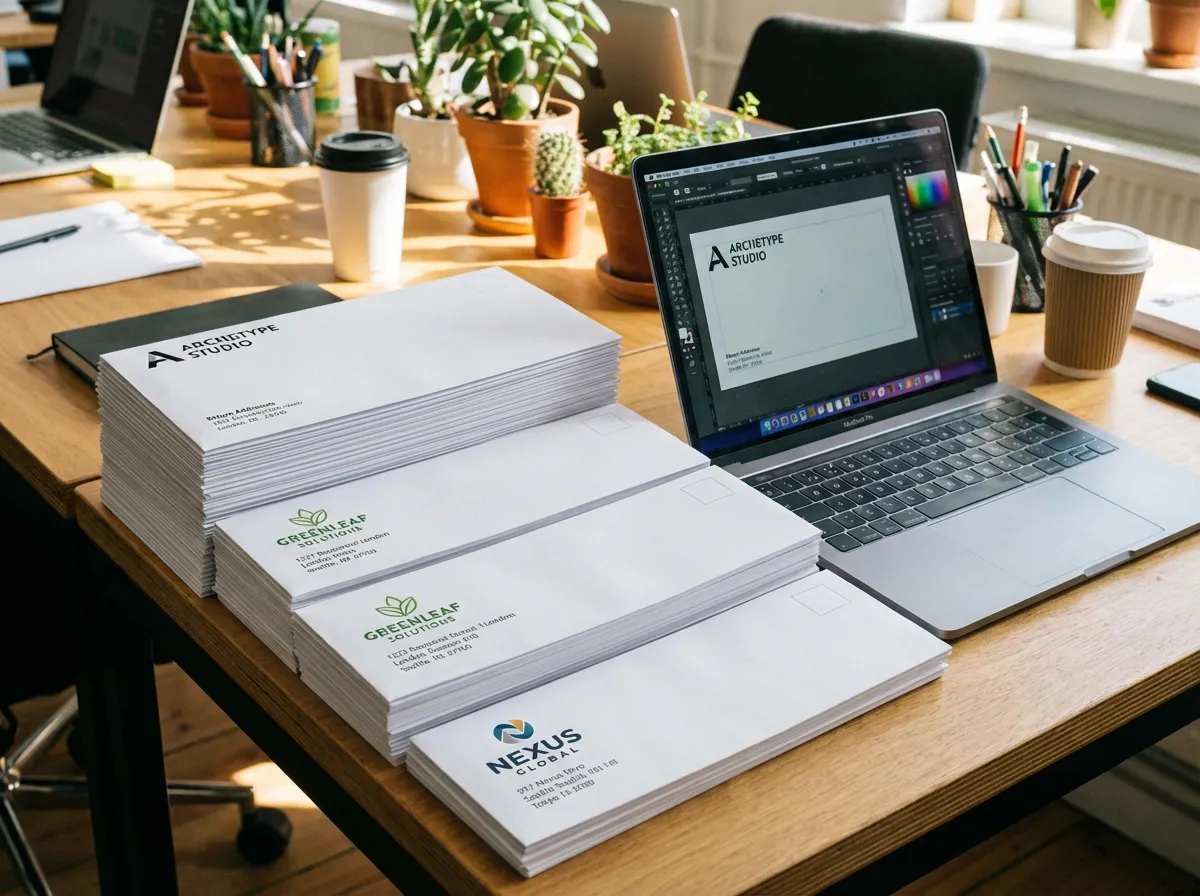 Custom printed four-color envelopes organized neatly on a desk, ready for customer to pick them up.