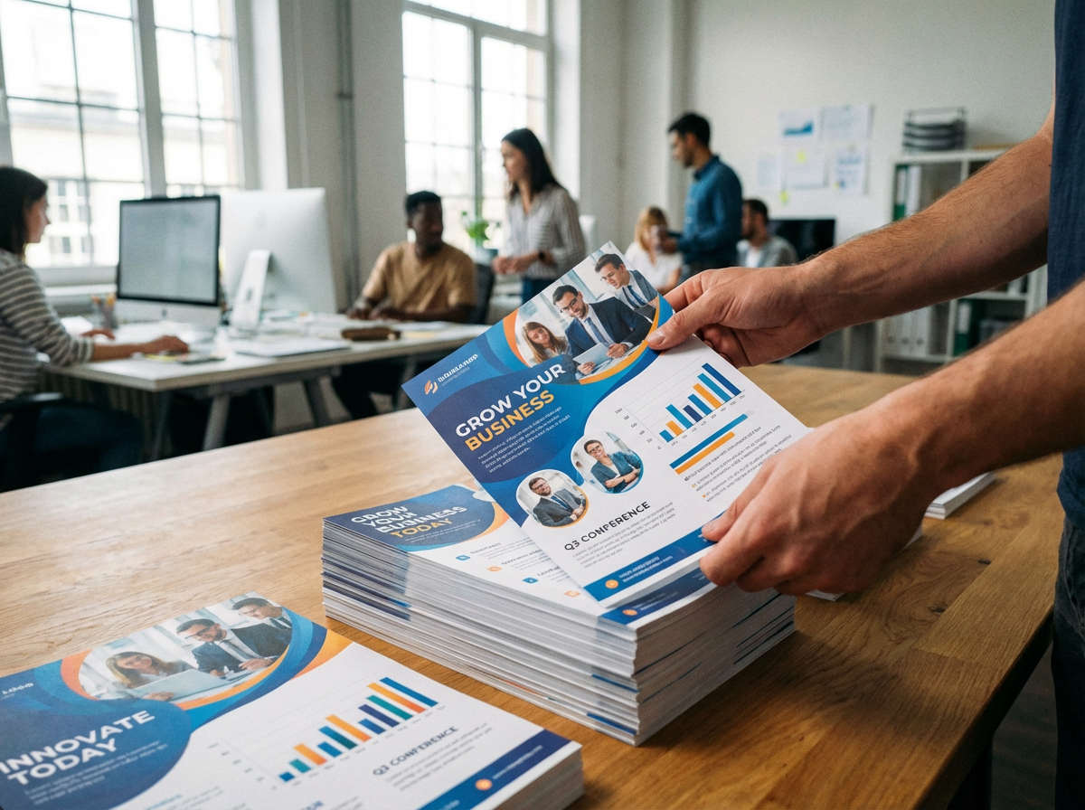 Customer proudly holding up a flyer from Ultimate Print Solutions just printed for them.