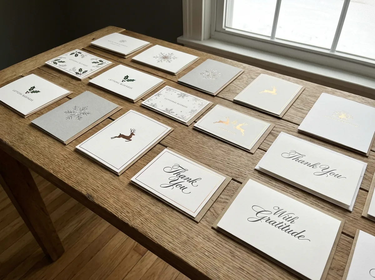 Various high-quality greeting cards, custom printed, laid out very nicely on a table.