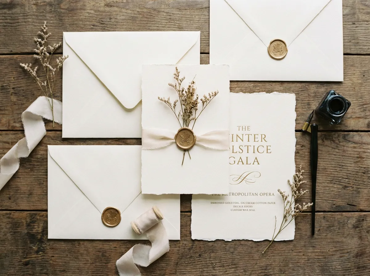 Custom printed invitation packets laid neatly on a desk.