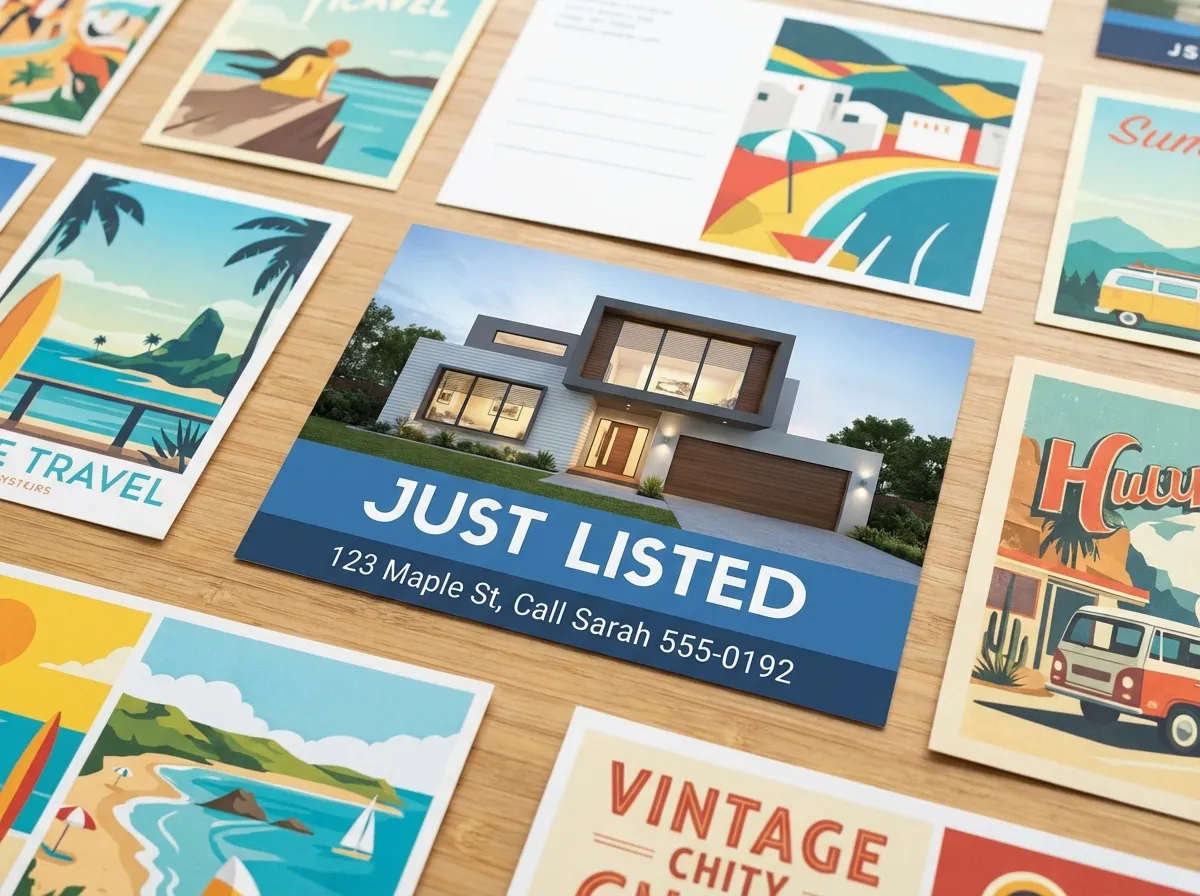 Sample of postcards printed by Ultimate Print Solutions laid out neatly on a desk with a Realtor Just Listed Postcard Center Stage.