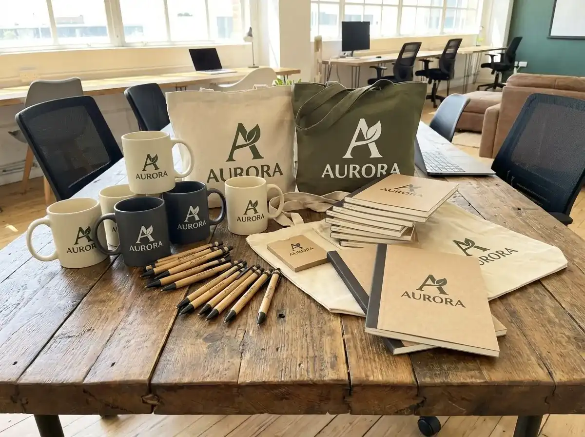 Examples of various promotional items we printed for a client, including: 1. Mugs 2. Pens 3. Notepads 4. Bags 5. Notebooks