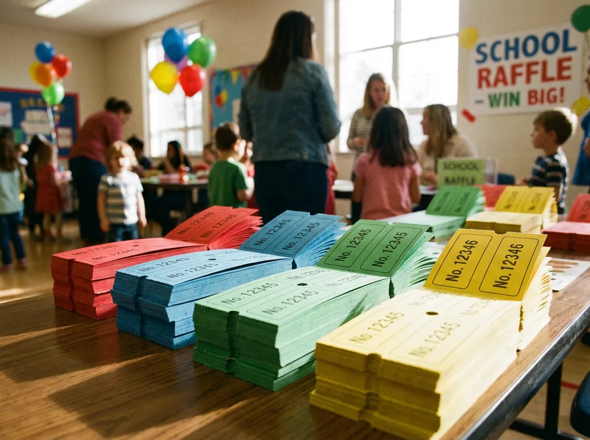 Custom printed raffle tickets being sold at a school to raise money.
