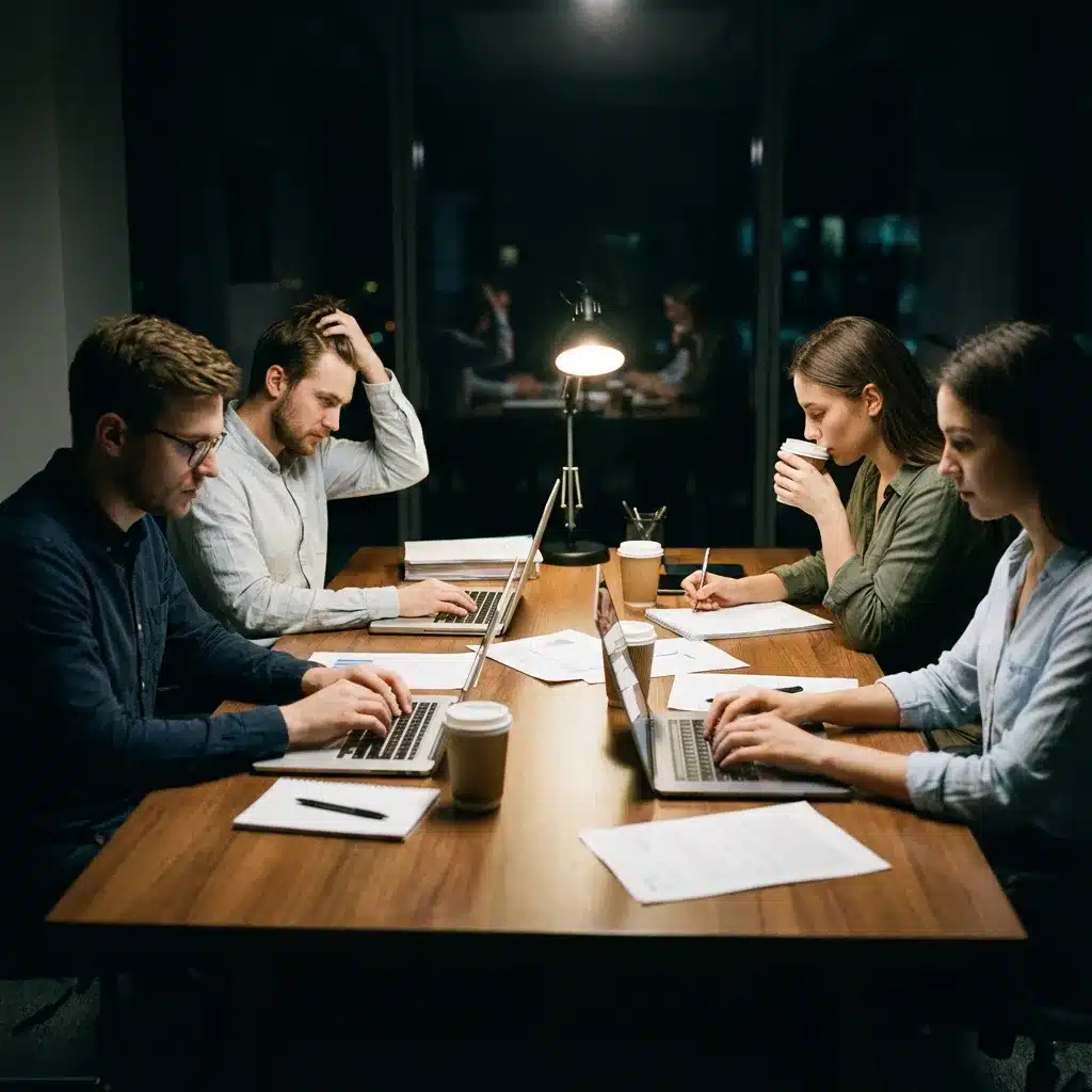 Group working late to prepare files for printing