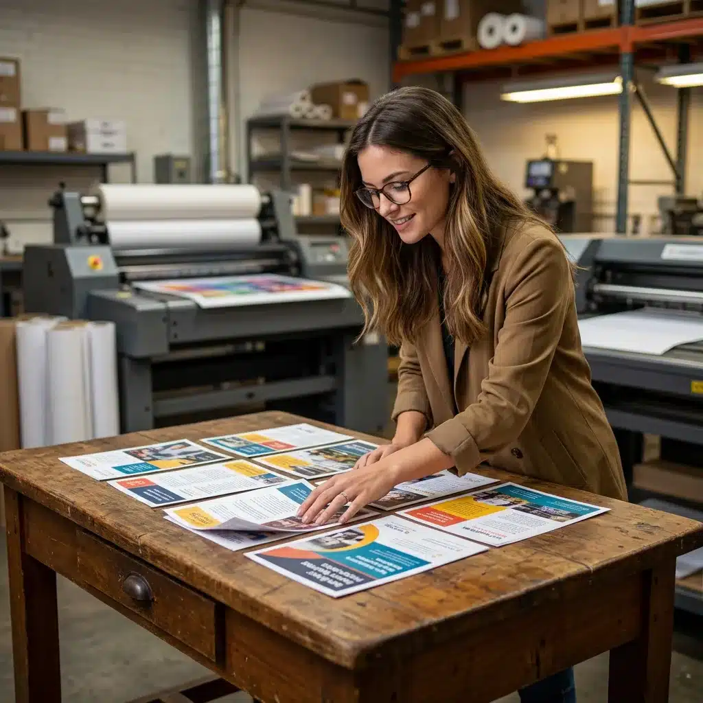 Female client looking at my printed flyers laid out on a wooden table in a print shop.