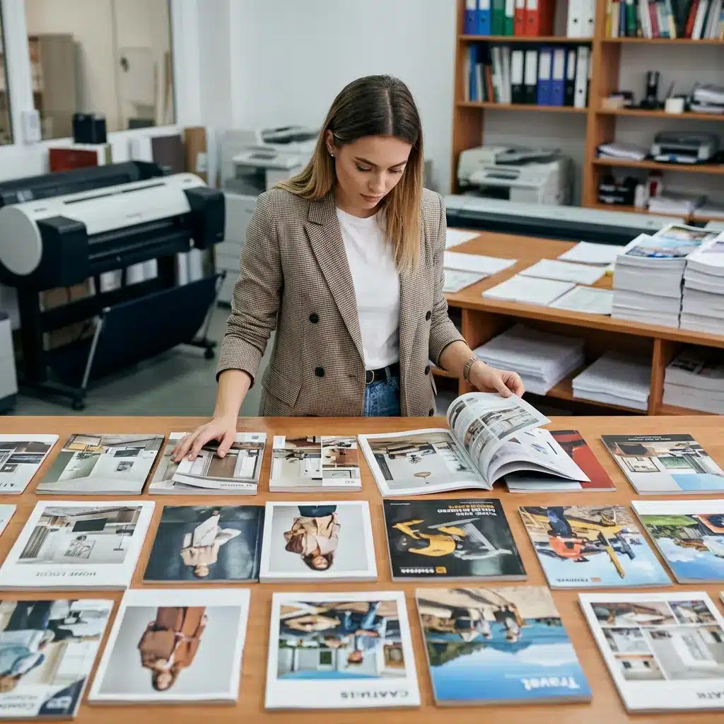 young female customer looking at catalog samples laid out on a wooden table