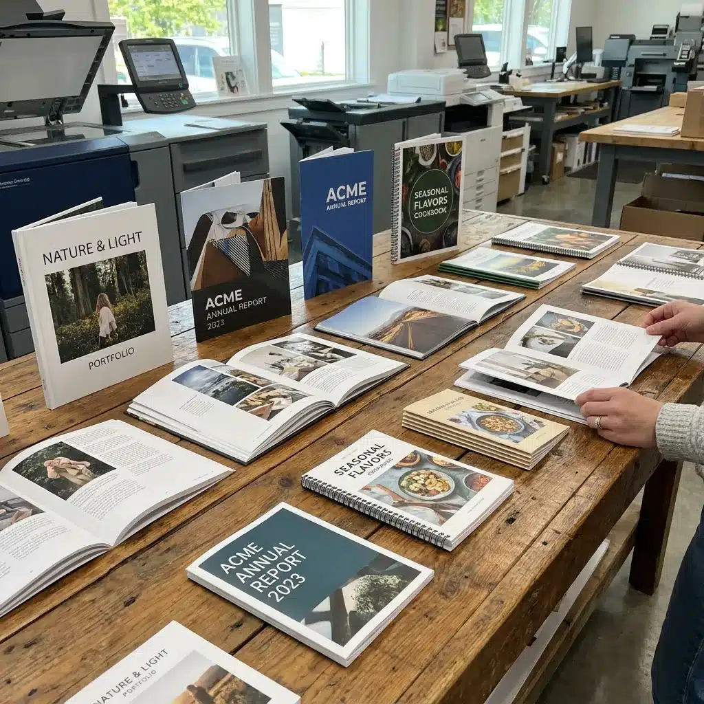 lancaster-booklet-printing-samples Custom printed booklet samples laid out on a table with a print shop in the background.