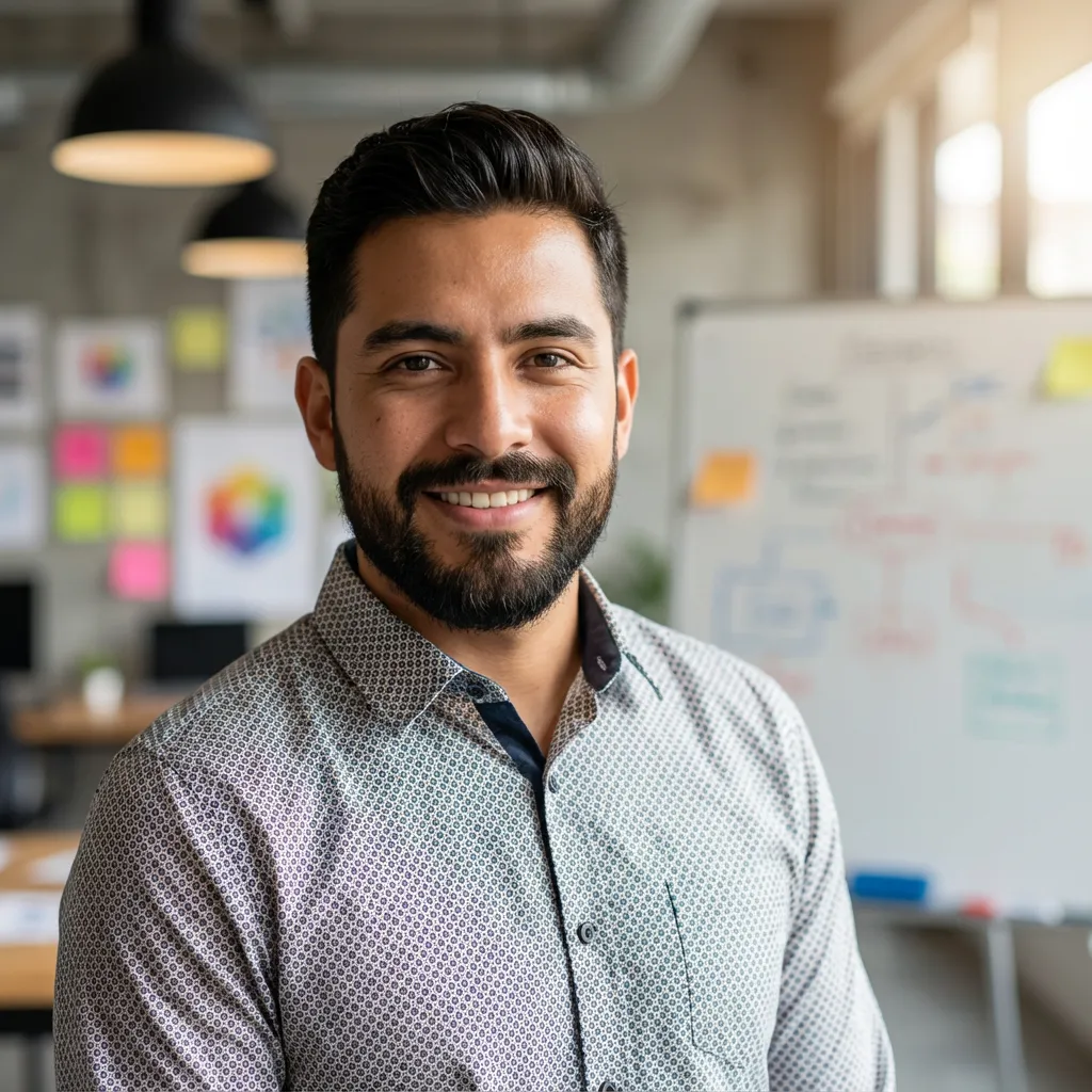 Man in office setting, professional attire. Michael Riveria, Marketing Director who works with Ultimate Print Solutions, and is very happy with our banner printing.
