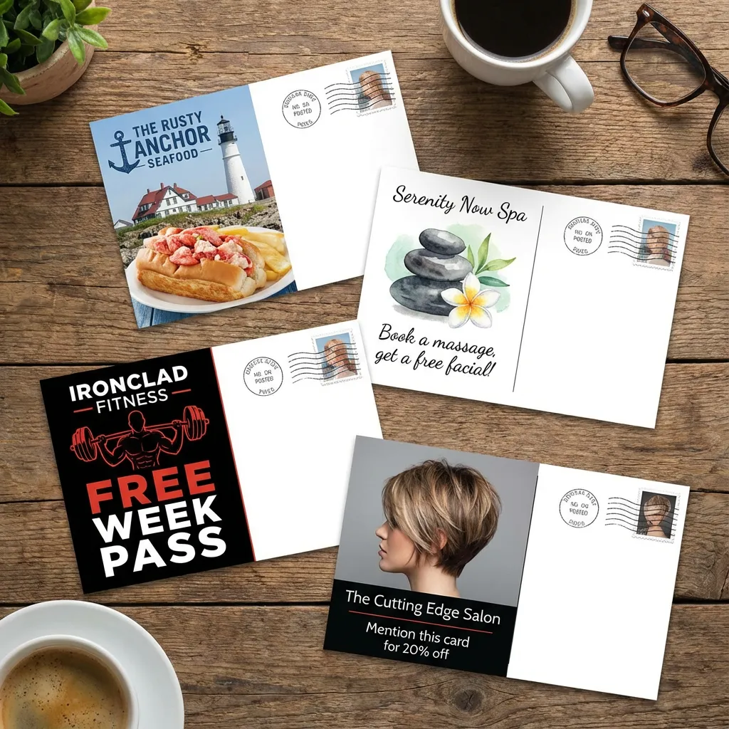 Lancaster postcard printing samples laid out on a desk.