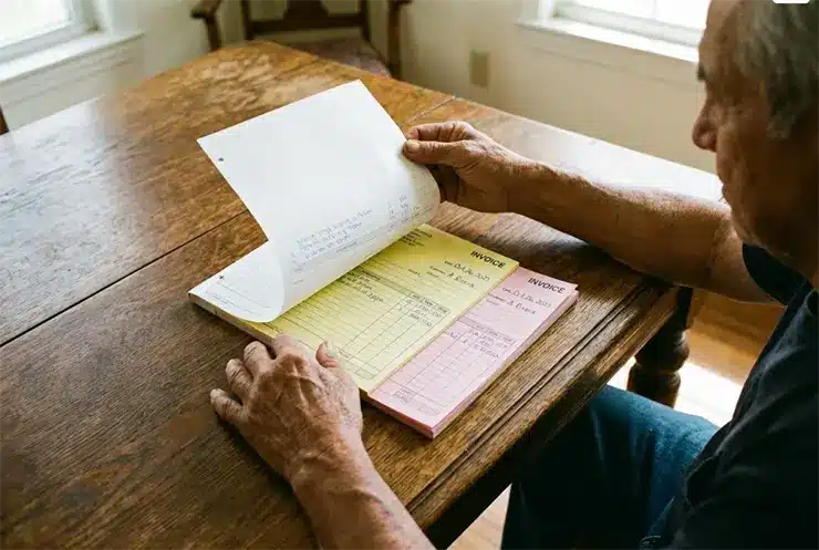 Customer sitting at a table, looking at his new three-part carbonless invoice form with white, yellow, and pink on the bottom.