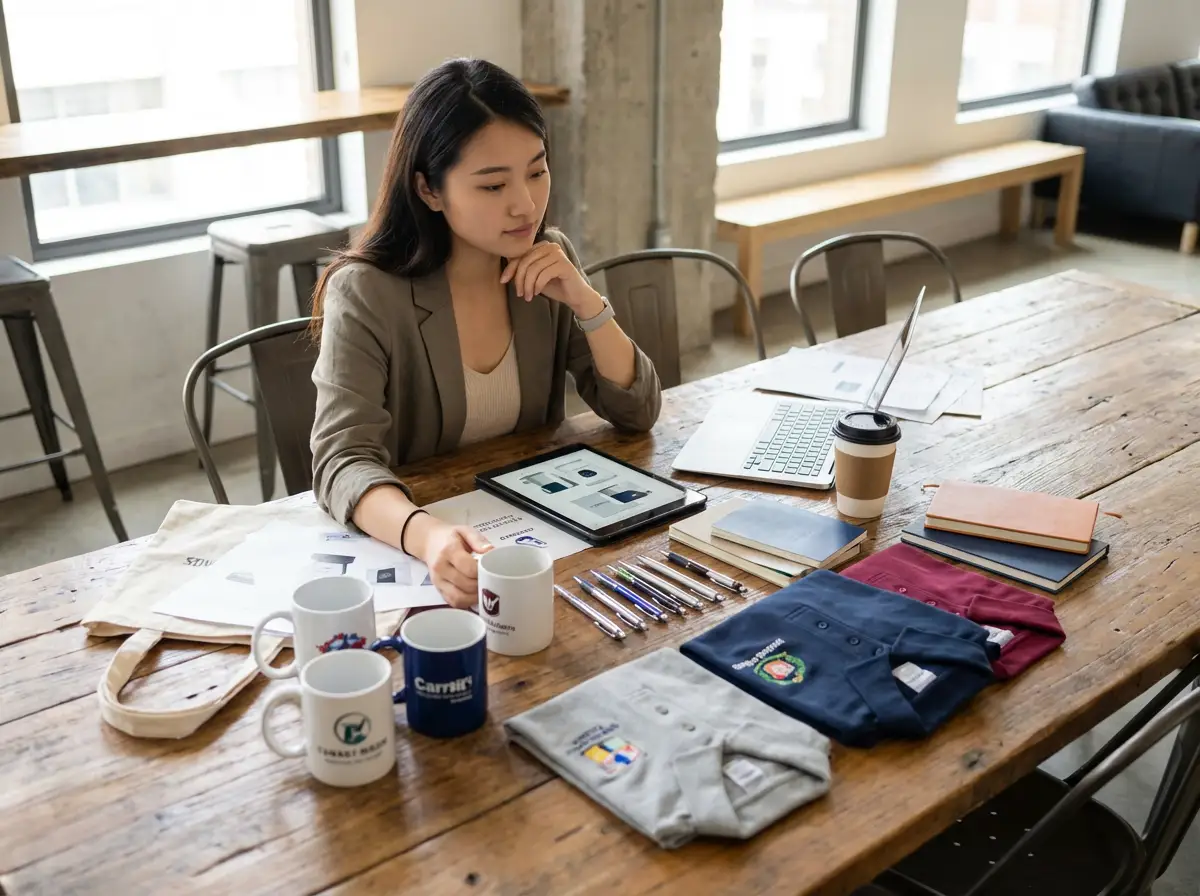 Customer looking at branded promotional items for her company.