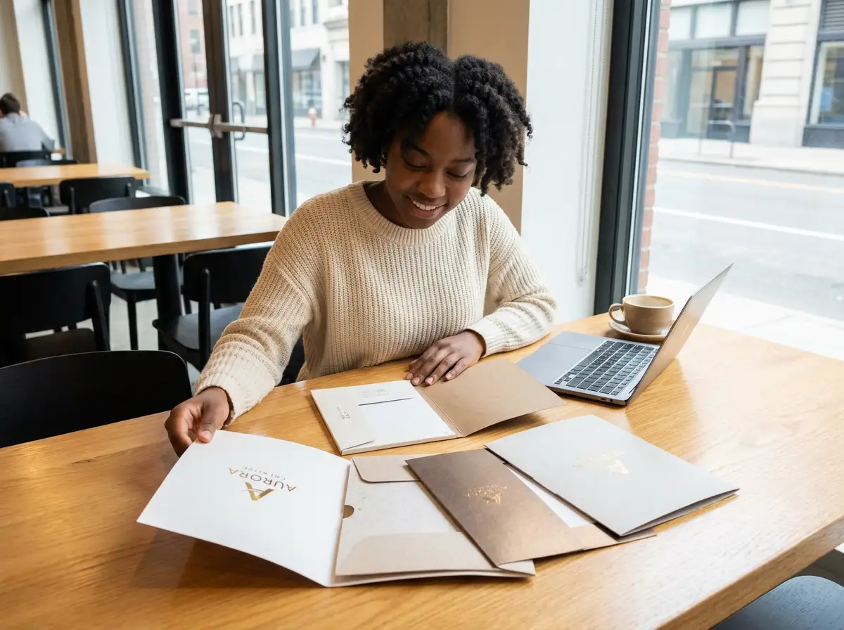 Customer looking at presentation folders for design inspiration for her new company.