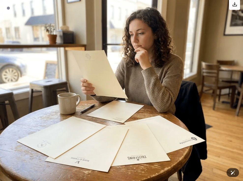 Customer looking at letterhead samples, getting inspiration for ideas for her own letterhead for her new business.