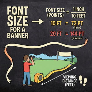 Tips for Designing Eye-catching Banners in Lancaster 3 A fun image showing how large the font size in a banner should be relative to the distance viewed.