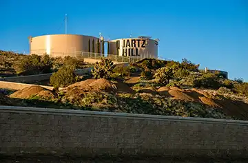 Iconic photograph of the two water towers that sit atop Quartz Hill in Quartz Hill, California.